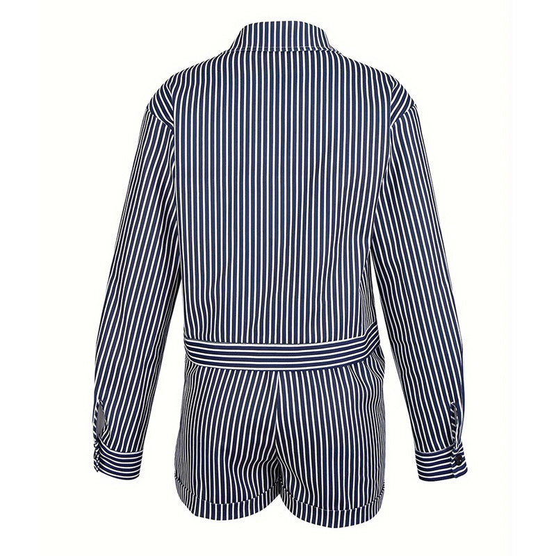 Women's Striped Print Casual Two-Piece Set Button-Up Long Sleeve Jacket & Shorts With Slant Pockets, Summer Fashion Outfit