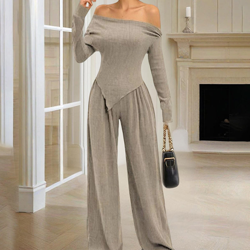 Women's Solid Color Off-Shoulder Long Sleeve Top & Pants Set - Elegant Asymmetrical Hem & Ruffes Cuff Casual Outfit
