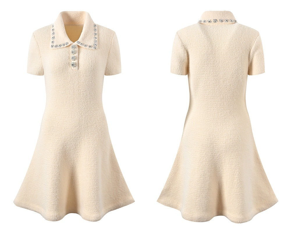 Elegant Socialite Gold Design Rhinestone Ivory White Plush Knitted Short Sleeve Dress