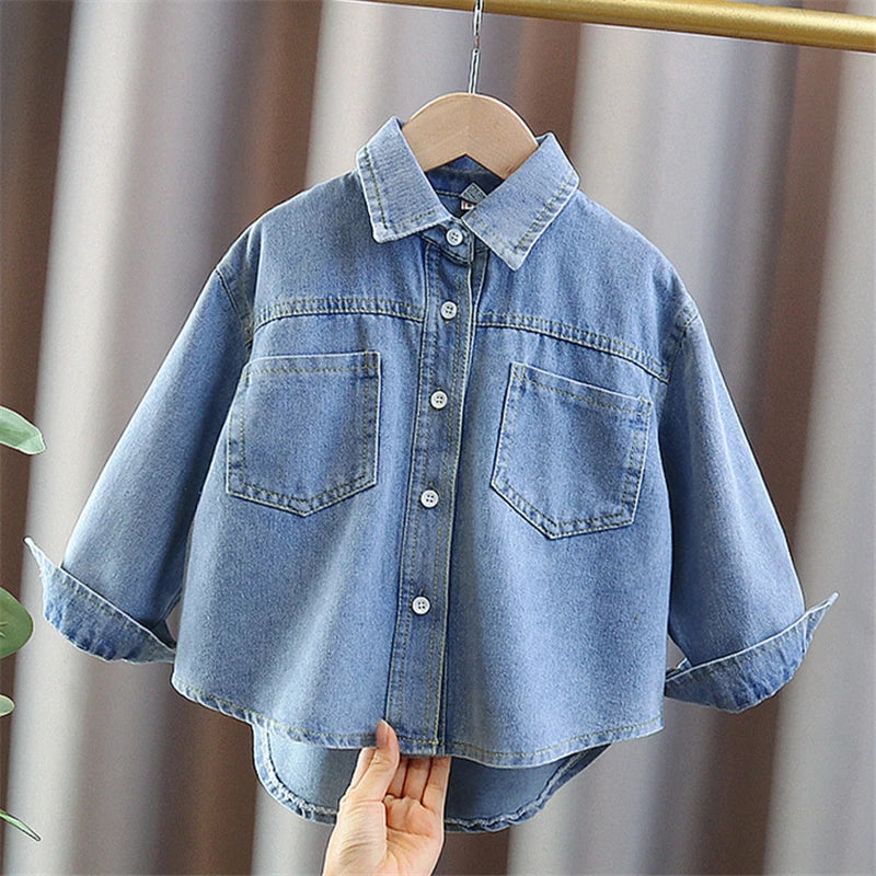 Brief Style Baby Girls Casual Vintage Blue Denim Jacket Coat Age 2 To 9 Years Old Kids Child Solid Spring Autumn Jeans Outfit