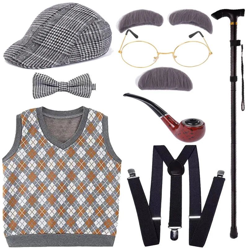 Boys 100 Days of School Grandpa Costume Set For 3-12yr Boys Old Man Costume Vest Hat Accessories Halloween Dress up Fancy Outfit