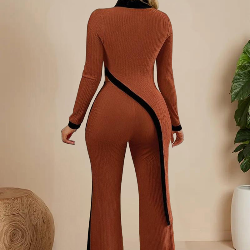 Women's  Elegant Round-neck Two-piece Long-sleeved Pants With Decorative Edges For Spring & Fall
