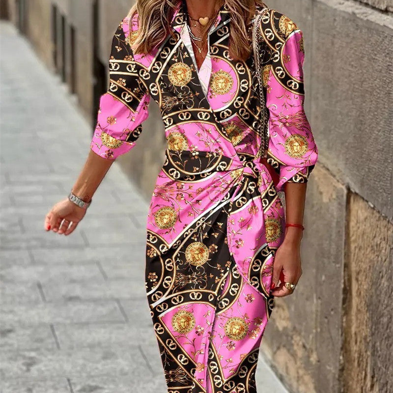 Fashion Printed Shirt Dress With Belt Slim Fit Three-quarter Sleeve Lapel Dress For Women Clothing