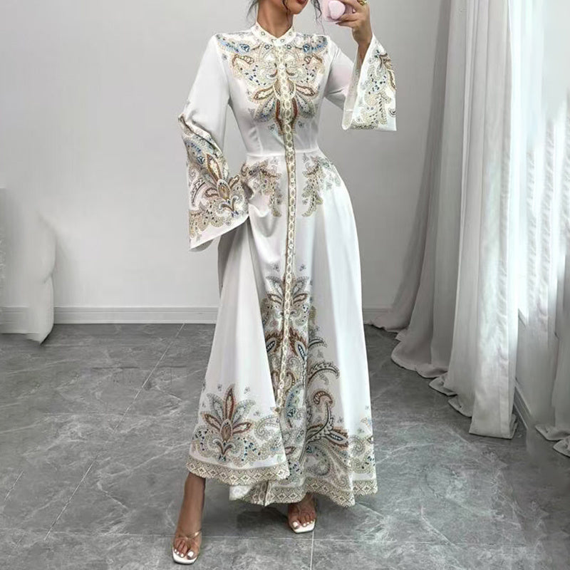 Elegant High-Neck Floral Maxi Dress - Long Flowy Sleeves, Modest A-Line Middle Eastern Style Gown Vacation & Party Dress For Women