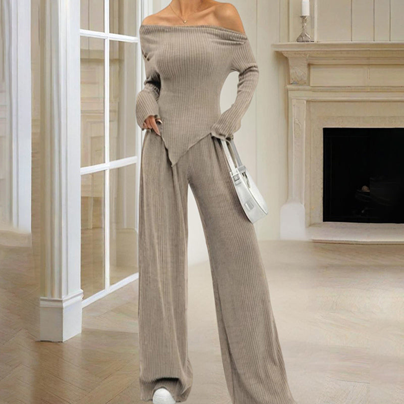 Women's Solid Color Off-Shoulder Long Sleeve Top & Pants Set - Elegant Asymmetrical Hem & Ruffes Cuff Casual Outfit