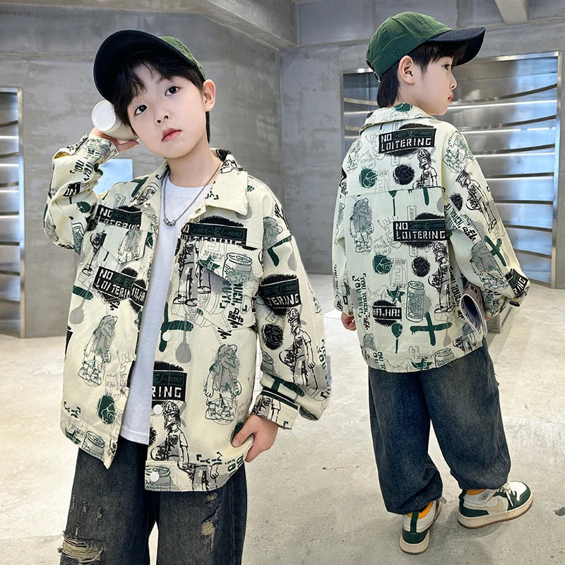 Child Stylish Spring Autumn Beige Denim Jacket Drawings for Teens Boy High Fashion Streetwear Outfit Kids Design Denim Coat 5-14