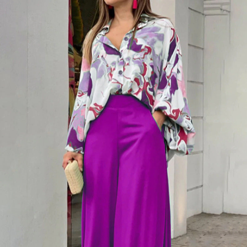 Women's Printed Shirt Wide Leg Pants Fashion Casual Set