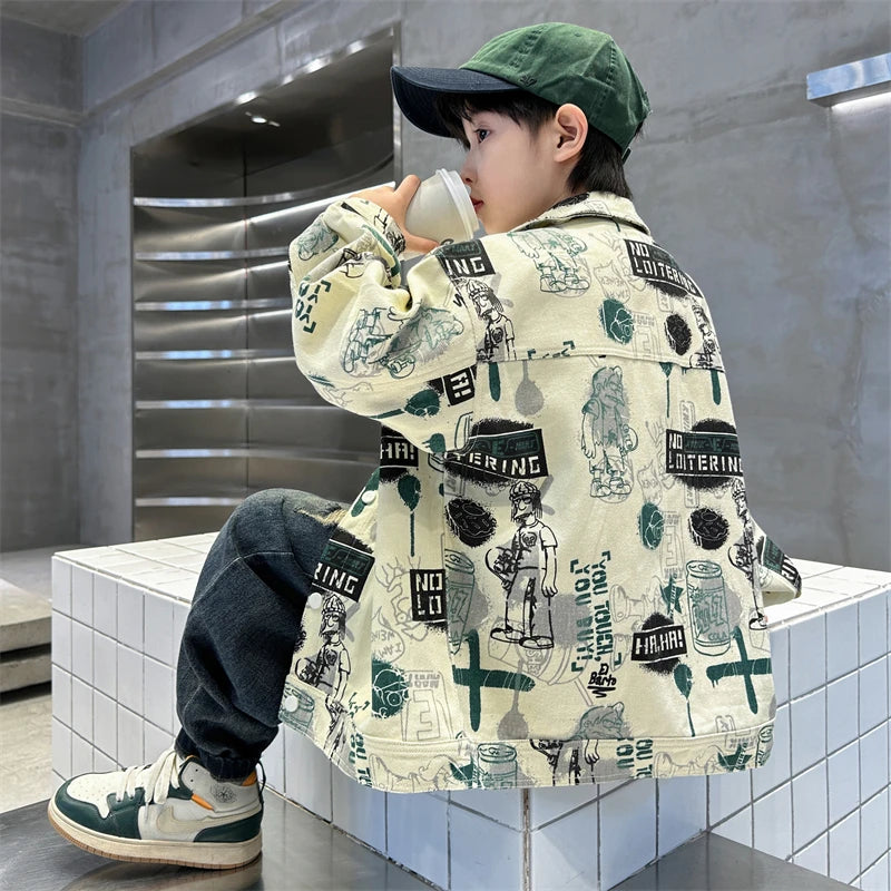 Child Stylish Spring Autumn Beige Denim Jacket Drawings for Teens Boy High Fashion Streetwear Outfit Kids Design Denim Coat 5-14