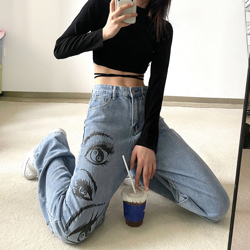 Fashion Personality Eye Print Blue Jeans Women