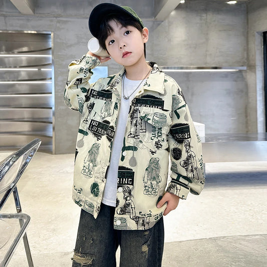 Child Stylish Spring Autumn Beige Denim Jacket Drawings for Teens Boy High Fashion Streetwear Outfit Kids Design Denim Coat 5-14