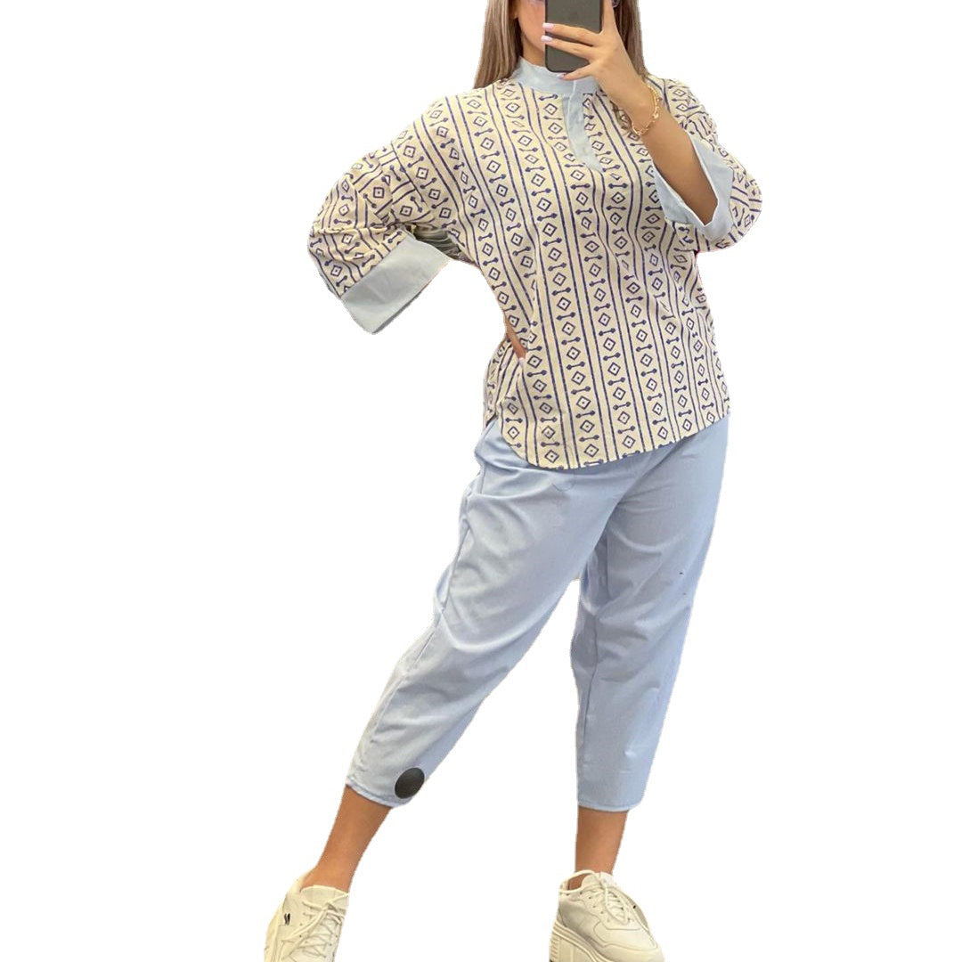 Fashion Cotton And Linen Printed Top Casual High Waist Cropped Pants Women's Suit