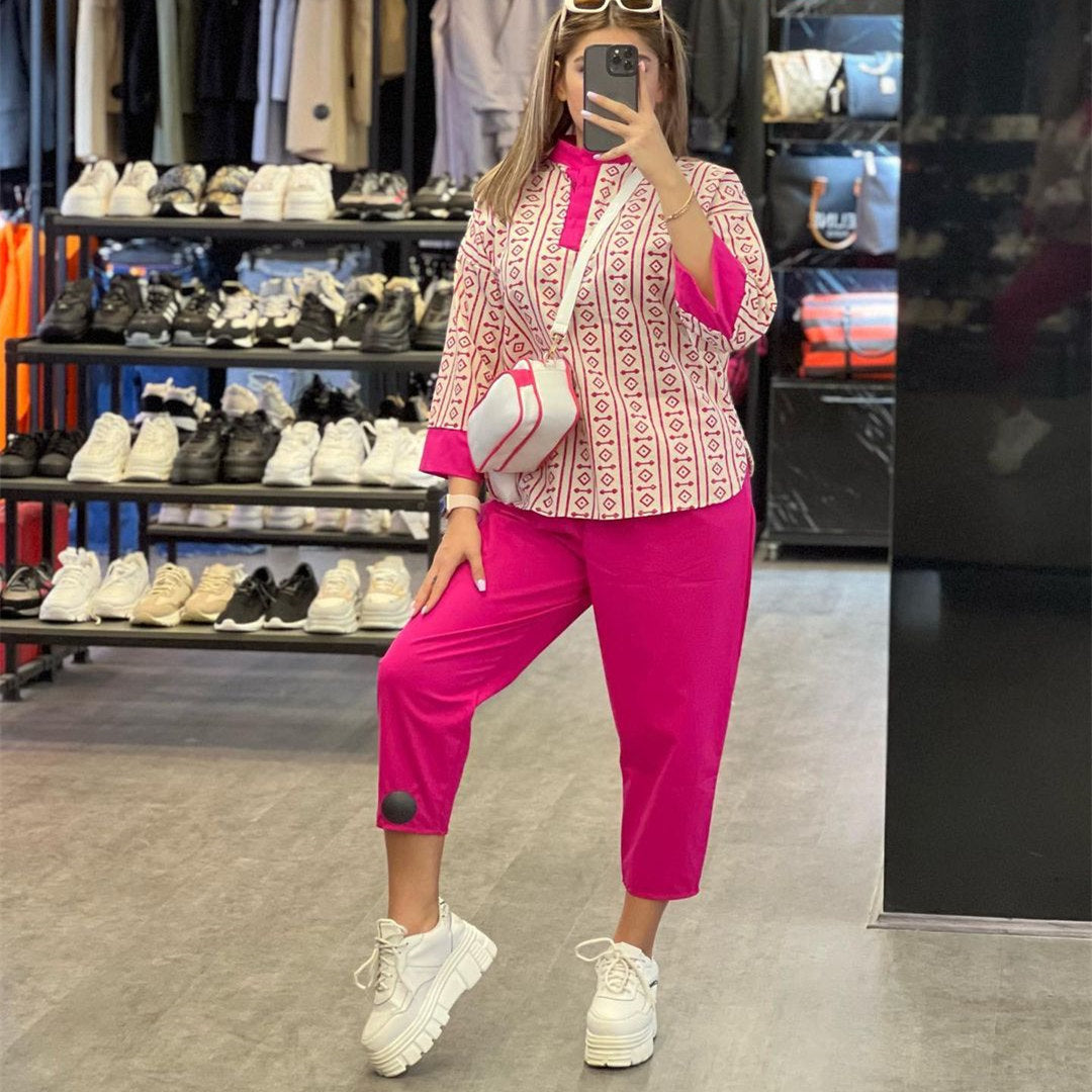 Fashion Cotton And Linen Printed Top Casual High Waist Cropped Pants Women's Suit