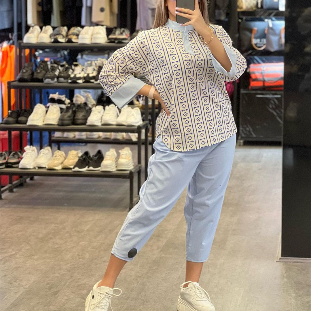 Fashion Cotton And Linen Printed Top Casual High Waist Cropped Pants Women's Suit