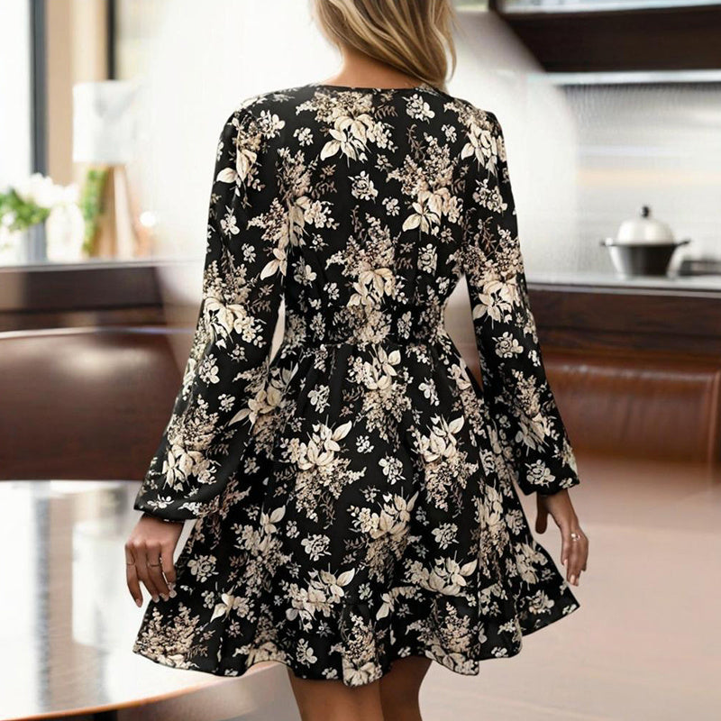 Women's V-Neck Floral Print Long Sleeve Dress With Lantern Sleeves, Ruffled Elastic Waist A-Line Midi Boho Summer Dress