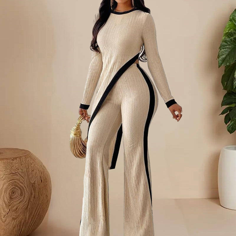 Women's  Elegant Round-neck Two-piece Long-sleeved Pants With Decorative Edges For Spring & Fall