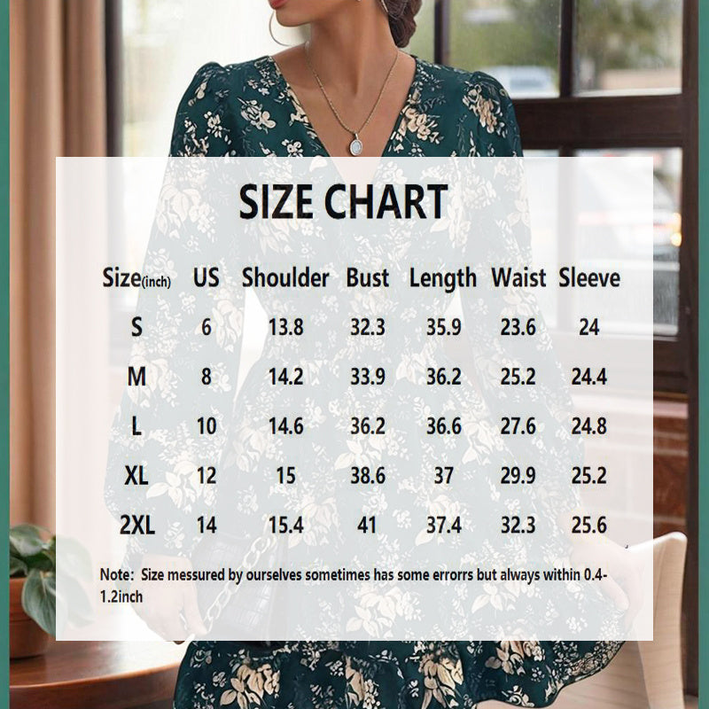 Women's V-Neck Floral Print Long Sleeve Dress With Lantern Sleeves, Ruffled Elastic Waist A-Line Midi Boho Summer Dress