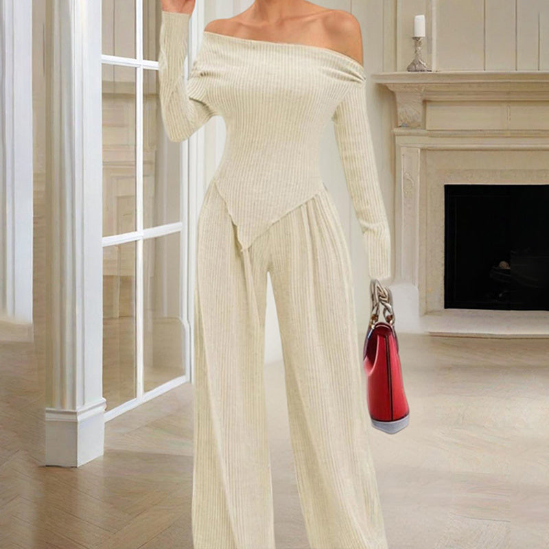 Women's Solid Color Off-Shoulder Long Sleeve Top & Pants Set - Elegant Asymmetrical Hem & Ruffes Cuff Casual Outfit