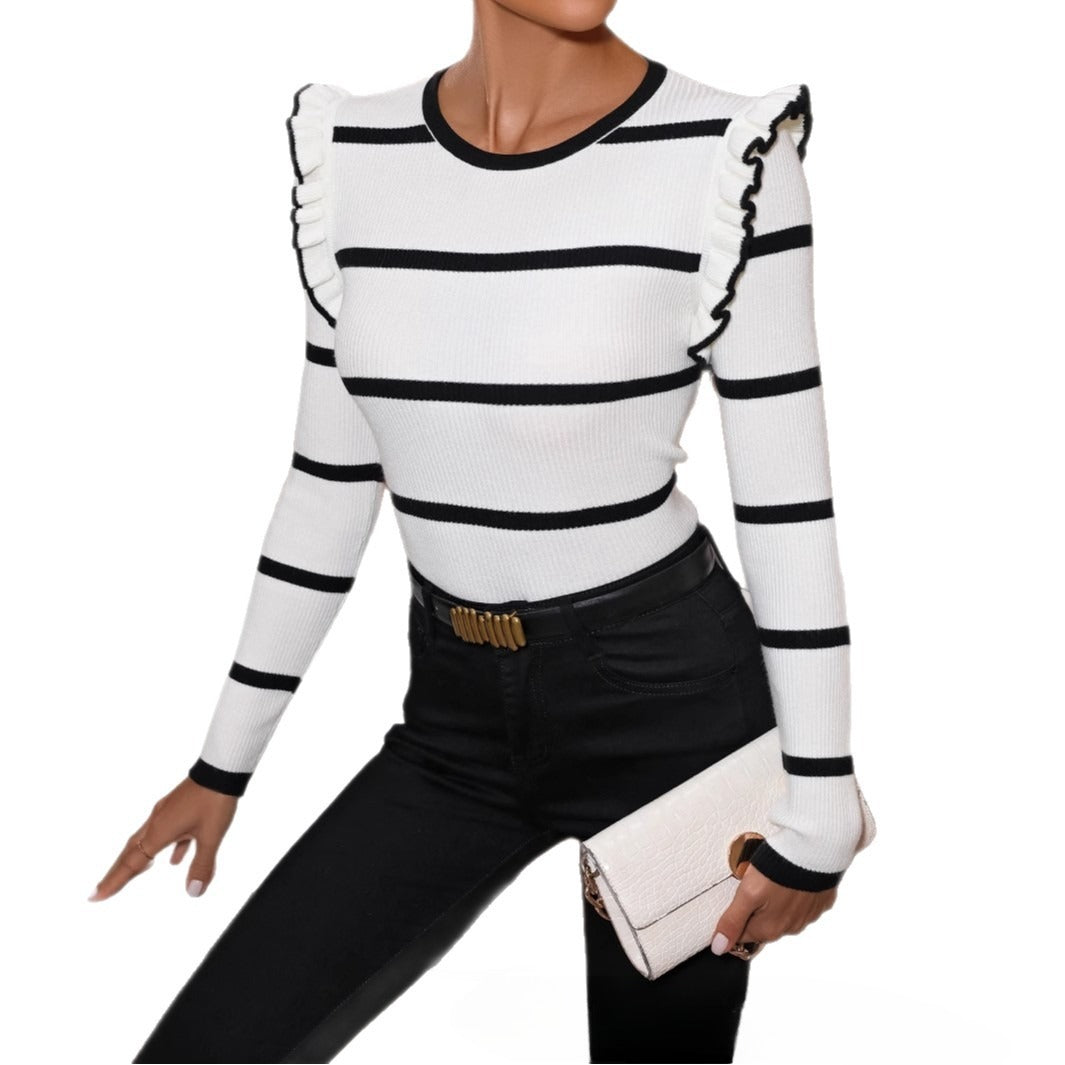Casual Contrast Color Striped Crew Neck Long Sleeves Top