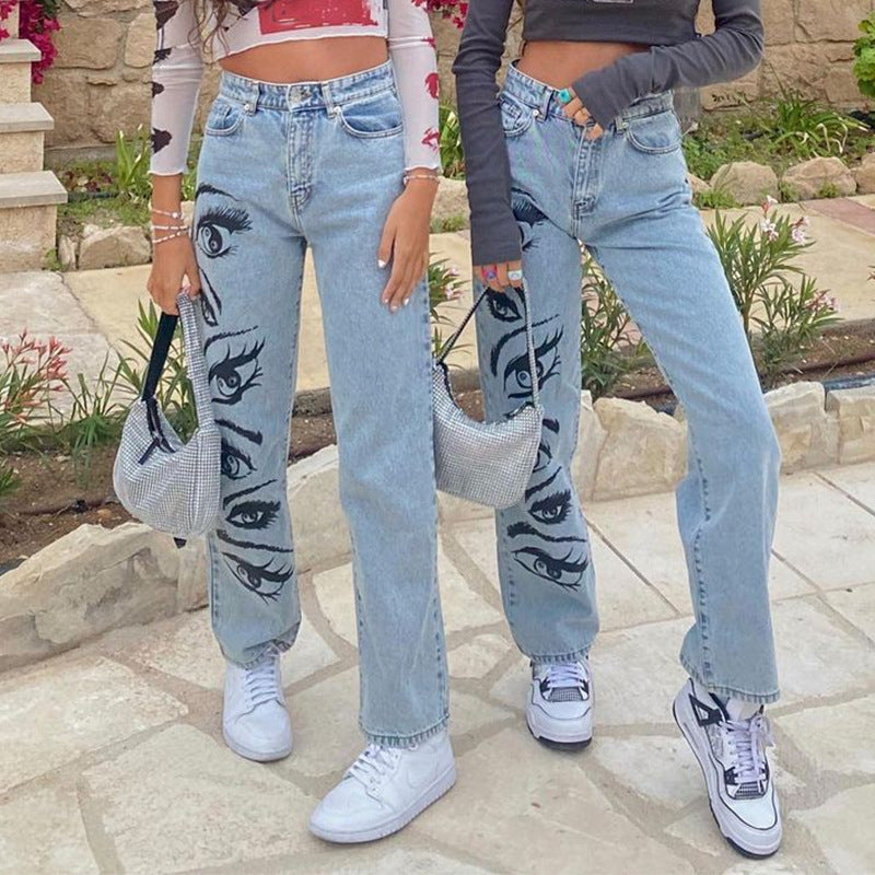 Fashion Personality Eye Print Blue Jeans Women