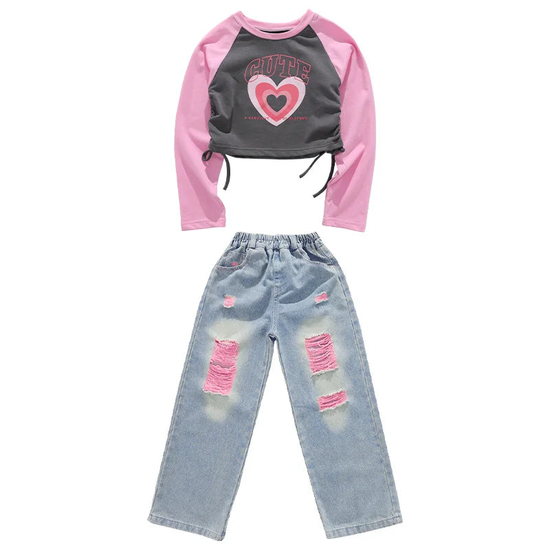 Child Hiphop Style Rapper Clothes Set Kids Hip Hop Long Sleeve T-shirt + Jeans Streetwear Accessory Boy Girl Dance Costume Suit