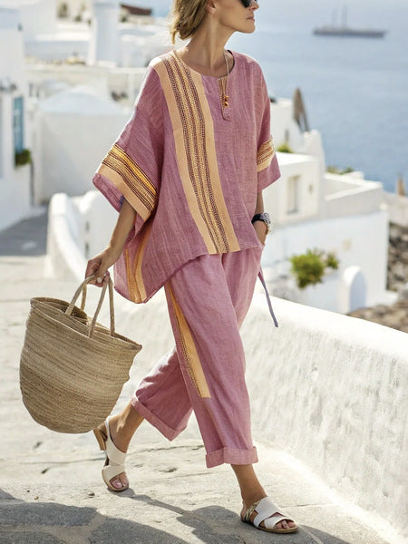 Summer Striped Suits Loose Batwing Sleeve T-shirt And Solid Straight-leg Pants