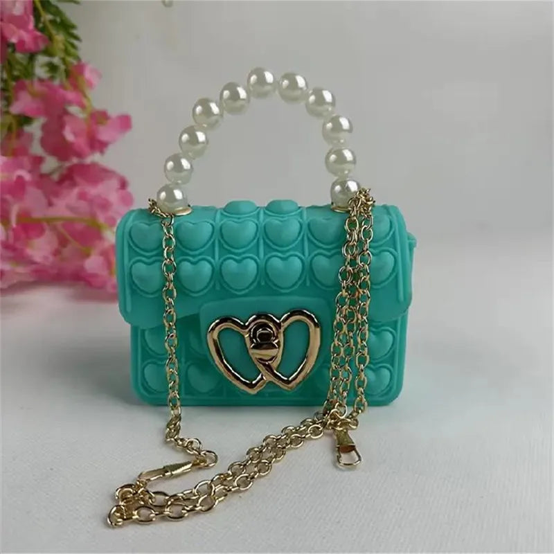 Silicone Love Bubble Jelly Bag, Popper Pressure Relieving Purse, Pop It Handbag With Faux Pearl Handle, Cute Chain Crossbody Bag