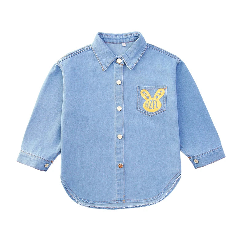 High Fashion Cowgirl Denim Blouses with Rabbit Print for Teenage Girl Loose Casual Long Sleeve Denim Shirt Blouse for Kids Child