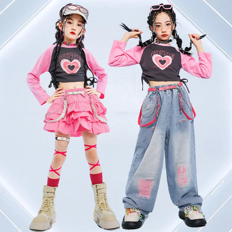 Child Hiphop Style Rapper Clothes Set Kids Hip Hop Long Sleeve T-shirt + Jeans Streetwear Accessory Boy Girl Dance Costume Suit