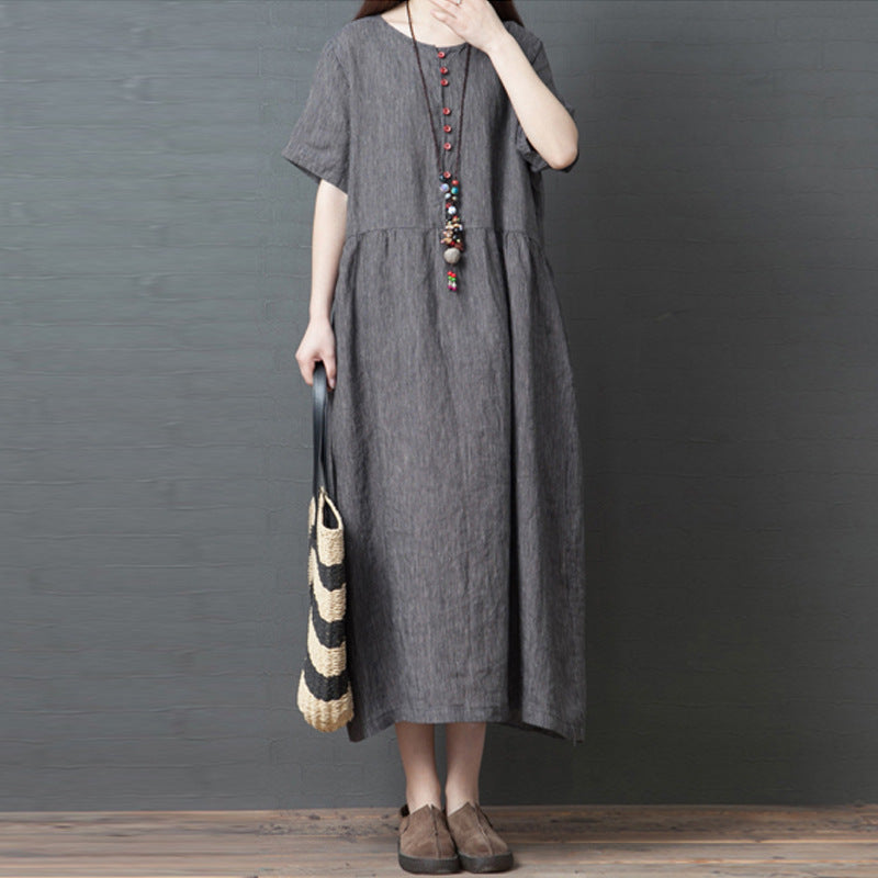 Loose Striped Round Neck Short Sleeve Dress