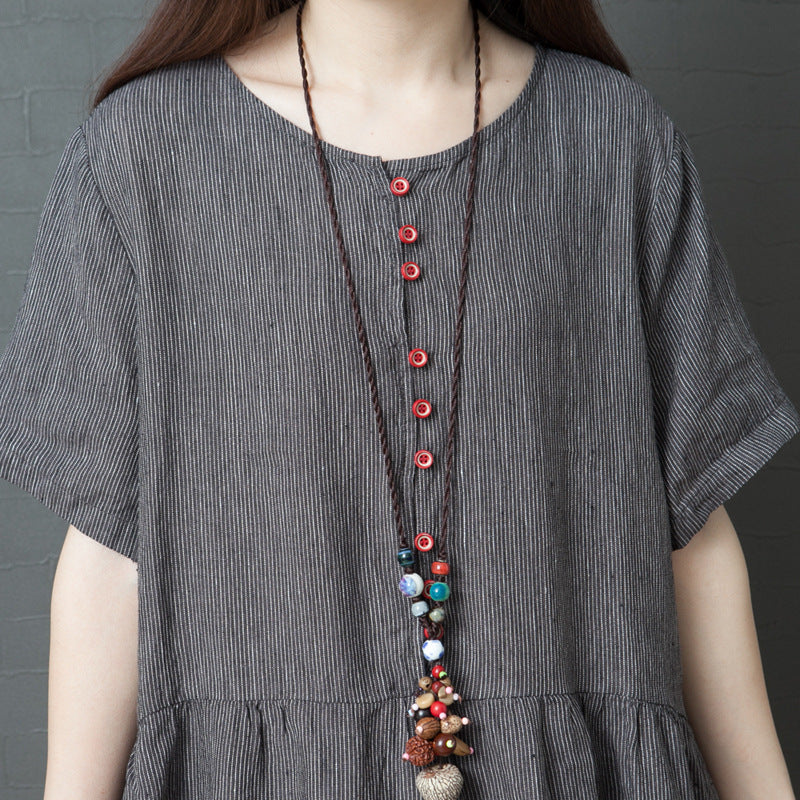 Loose Striped Round Neck Short Sleeve Dress