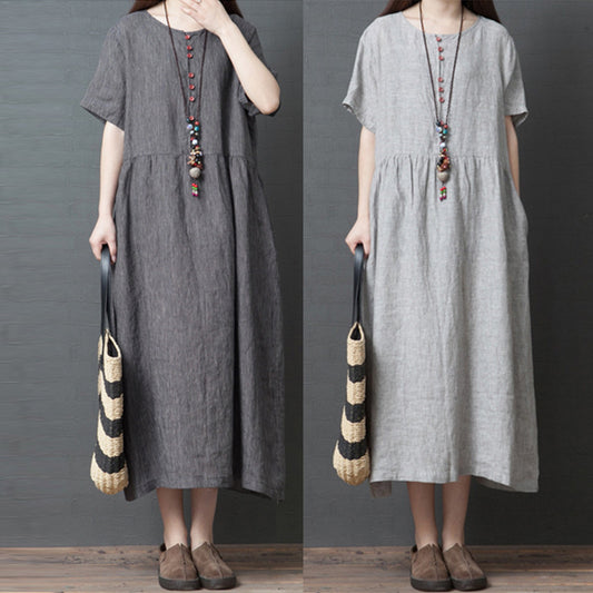 Loose Striped Round Neck Short Sleeve Dress