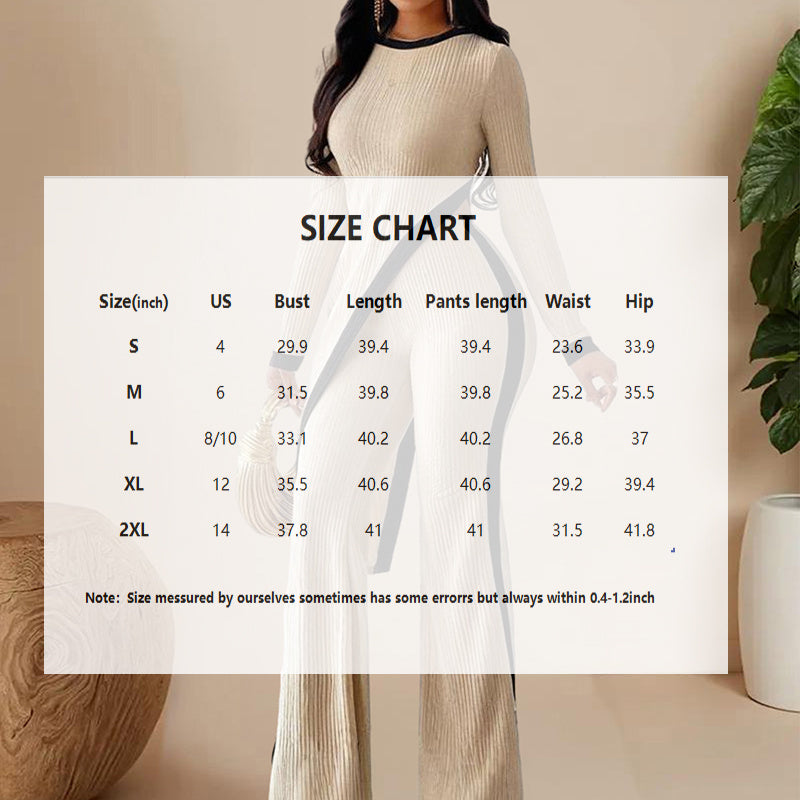 Women's  Elegant Round-neck Two-piece Long-sleeved Pants With Decorative Edges For Spring & Fall