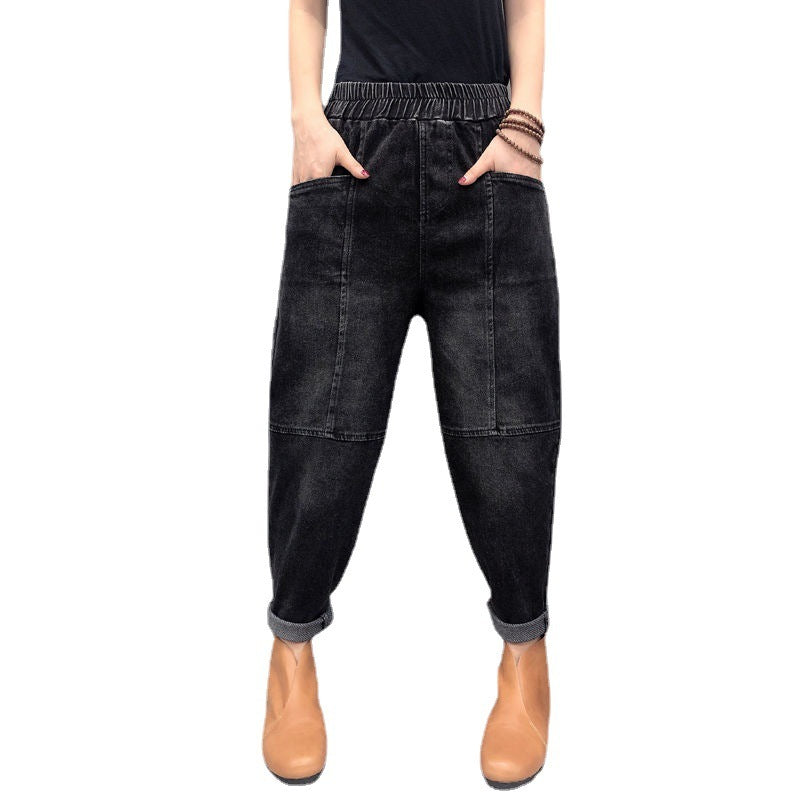 Simple And Thin Fashion Solid Color Thickened Jeans Women