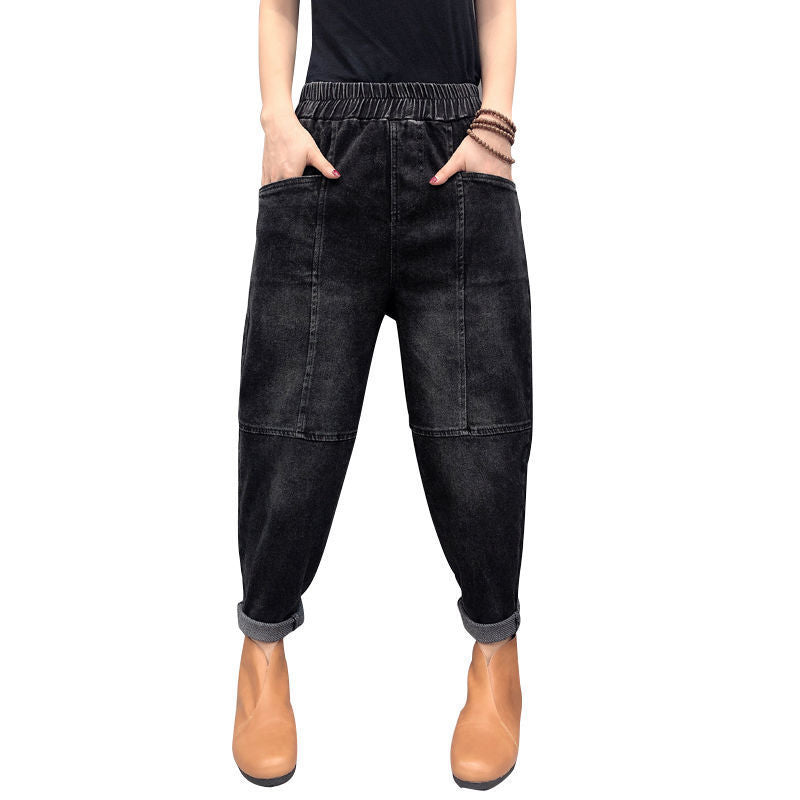 Simple And Thin Fashion Solid Color Thickened Jeans Women