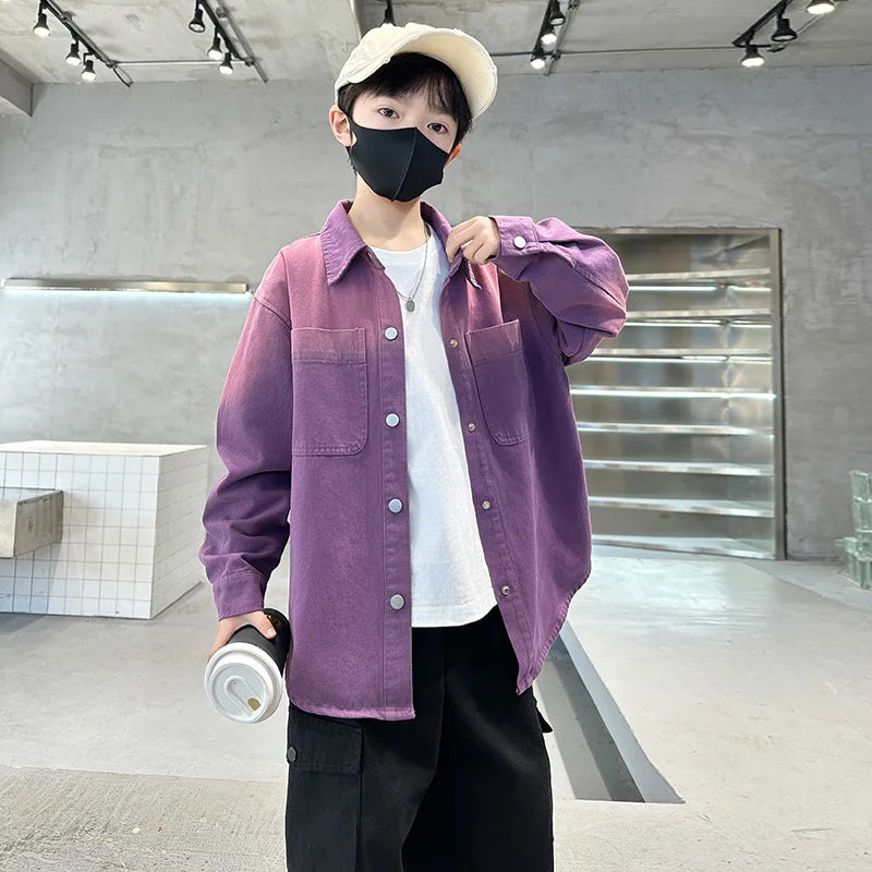 New Design Kids Long Sleeve Purple Colored Denim Shirt for Boy Casual Denim Shirt Outfit Child Fashion Spring Autumn Clothing