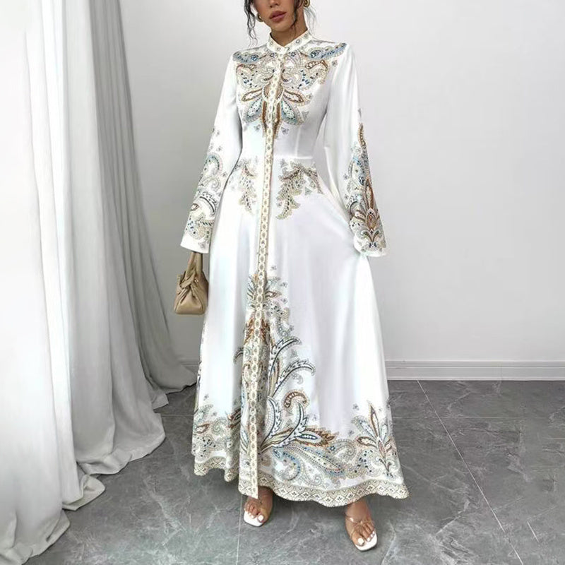 Elegant High-Neck Floral Maxi Dress - Long Flowy Sleeves, Modest A-Line Middle Eastern Style Gown Vacation & Party Dress For Women