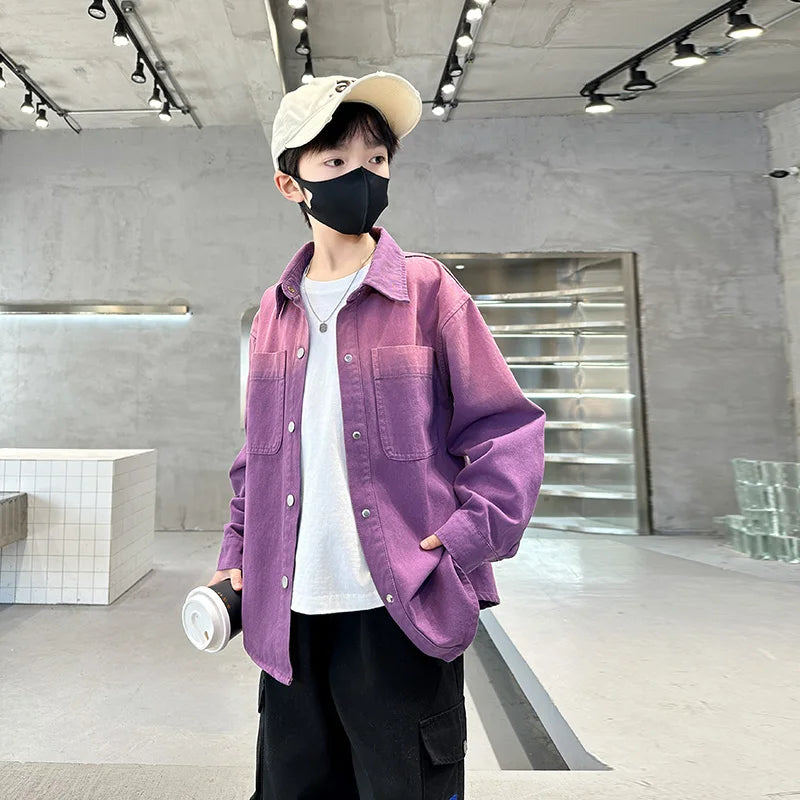 New Design Kids Long Sleeve Purple Colored Denim Shirt for Boy Casual Denim Shirt Outfit Child Fashion Spring Autumn Clothing