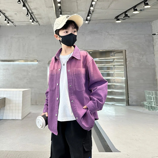 New Design Kids Long Sleeve Purple Colored Denim Shirt for Boy Casual Denim Shirt Outfit Child Fashion Spring Autumn Clothing