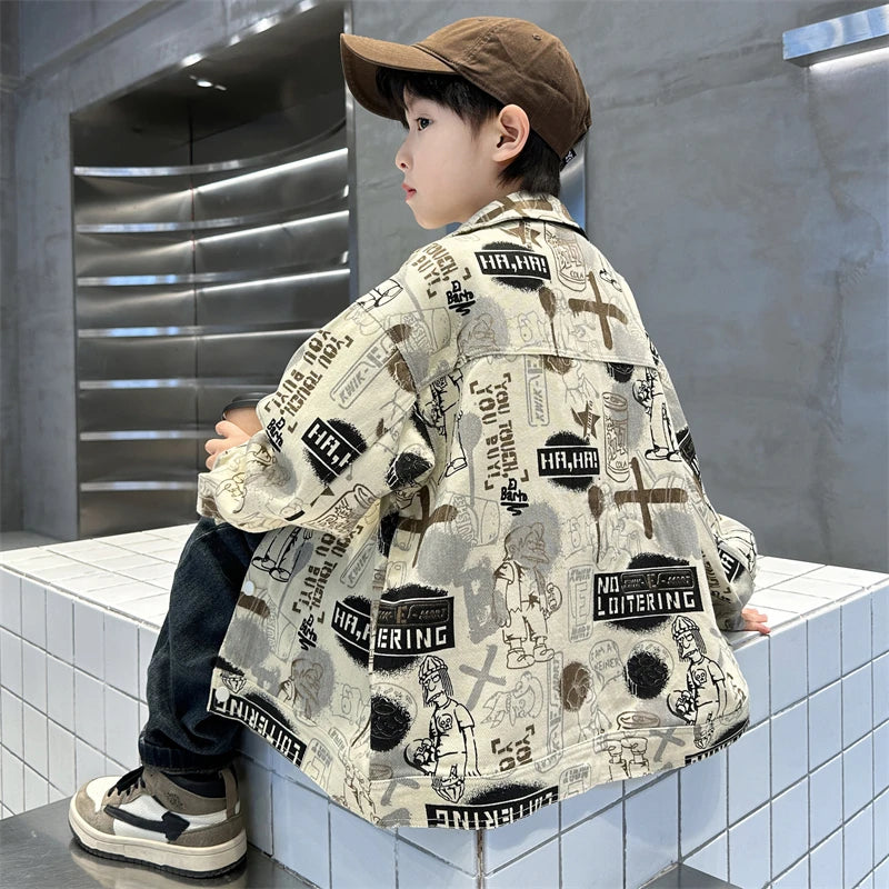 Child Stylish Spring Autumn Beige Denim Jacket Drawings for Teens Boy High Fashion Streetwear Outfit Kids Design Denim Coat 5-14