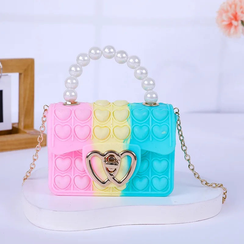 Silicone Love Bubble Jelly Bag, Popper Pressure Relieving Purse, Pop It Handbag With Faux Pearl Handle, Cute Chain Crossbody Bag