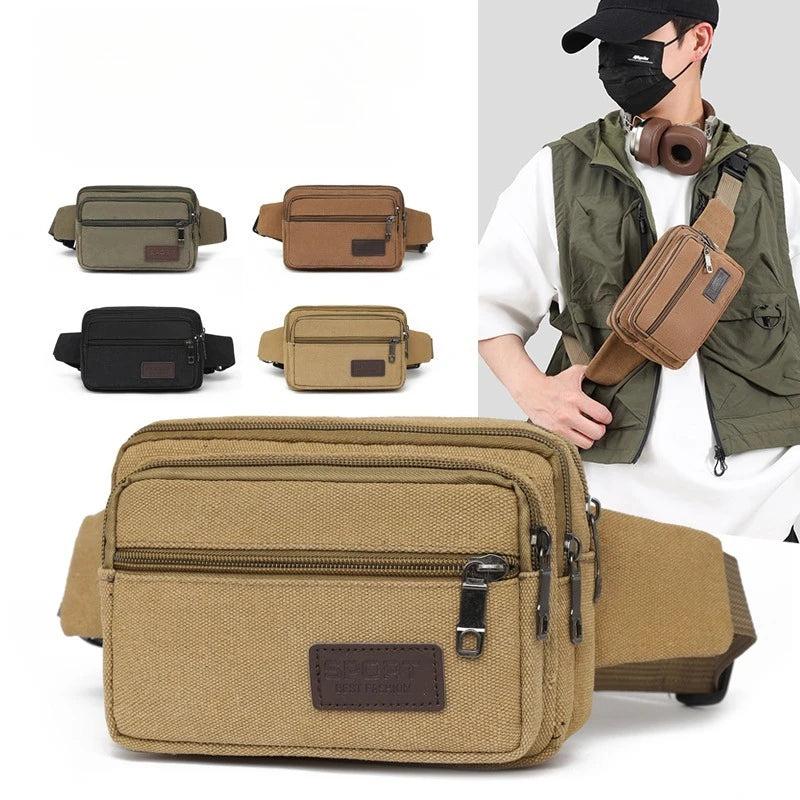 Men's Outdoor Canvas Waist Bag - High Capacity Durable Fanny Pack for Sports & Travel (Water-Resistant Phone Purse)