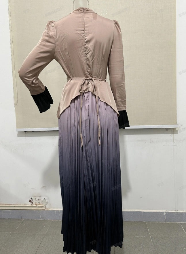 Women's Patchwork Design Round Neck Pleated Dress