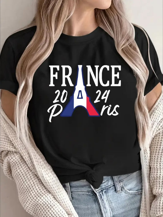 Women'S Casual Crew Neck T-Shirt With Eiffel Tower Graphic, Polyester Short Sleeve, Slight Stretch, Alphabet Pattern, Regular Fit, All Seasons - Paris France Print Top