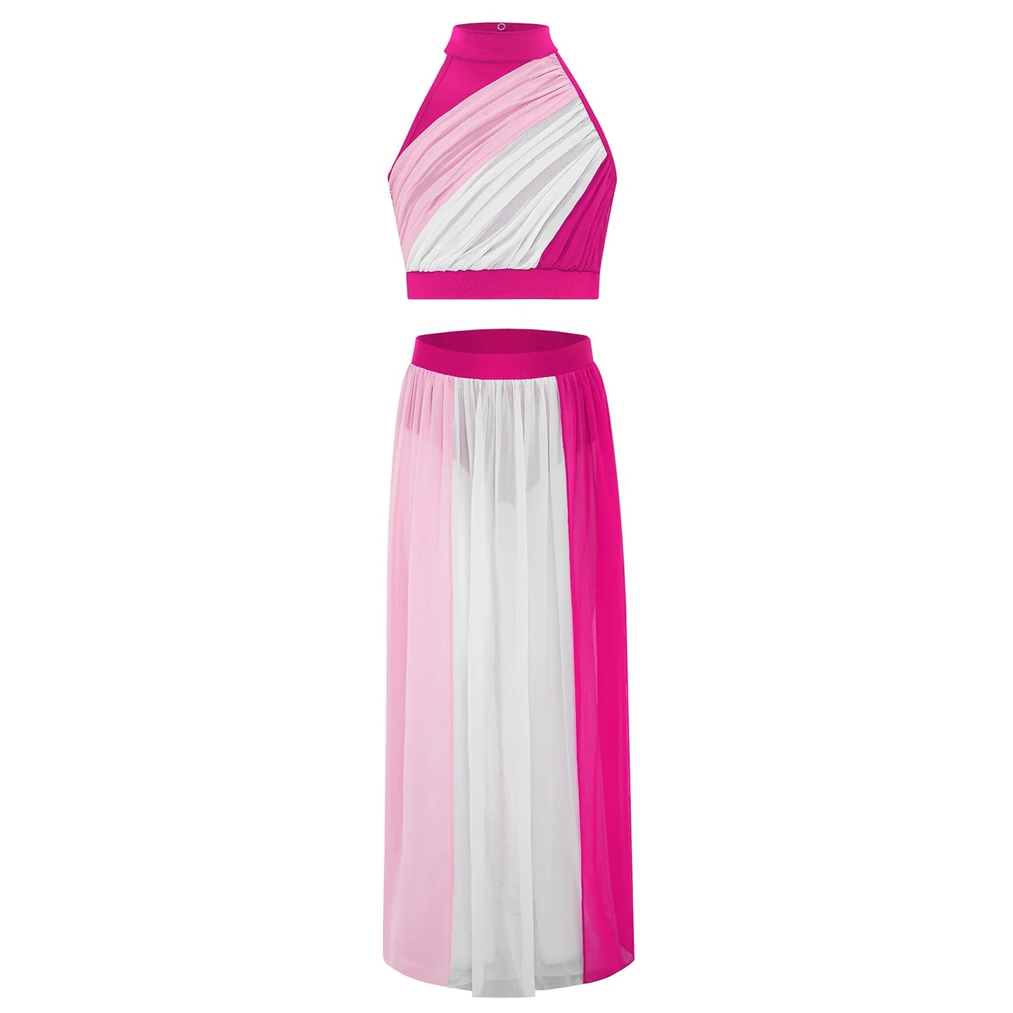 Kids Girls Ballet Dance Sets Lyrical Latin Jazz Dancewear Ruched Front Keyhole Back Crop Top with Split Flowy Chiffon Skirt Suit