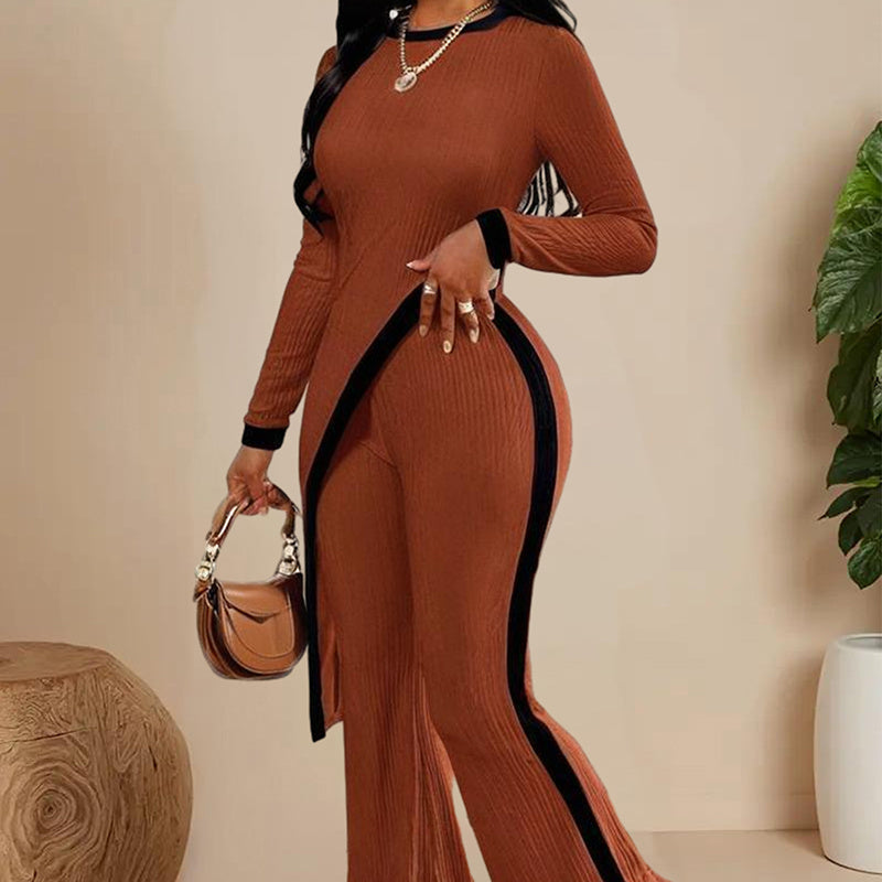 Women's  Elegant Round-neck Two-piece Long-sleeved Pants With Decorative Edges For Spring & Fall