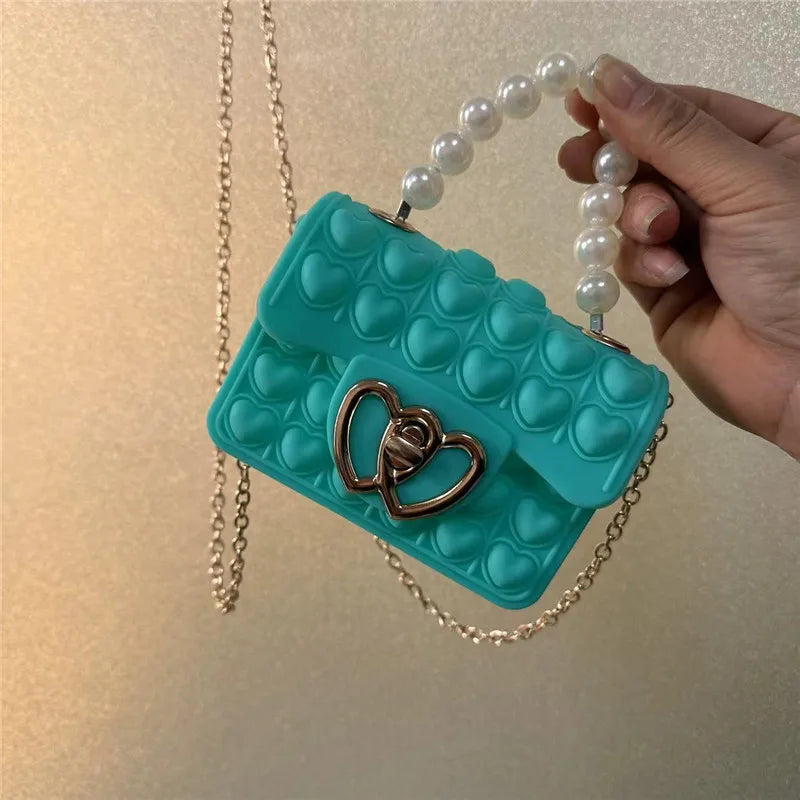 Silicone Love Bubble Jelly Bag, Popper Pressure Relieving Purse, Pop It Handbag With Faux Pearl Handle, Cute Chain Crossbody Bag