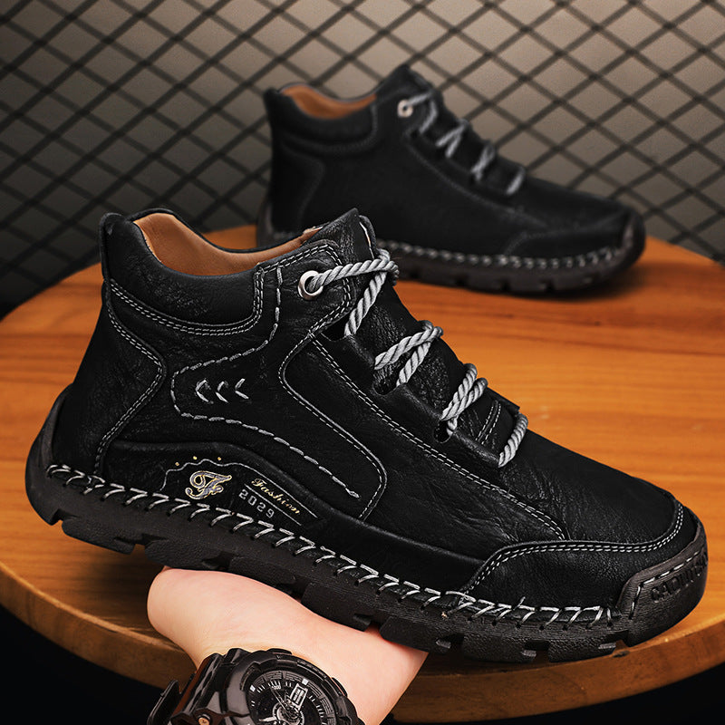 Fleece-lined Warm Mid-top Cotton-padded Shoes Soft Bottom Stitching Non-slip Men's Outdoor Leisure Shoes