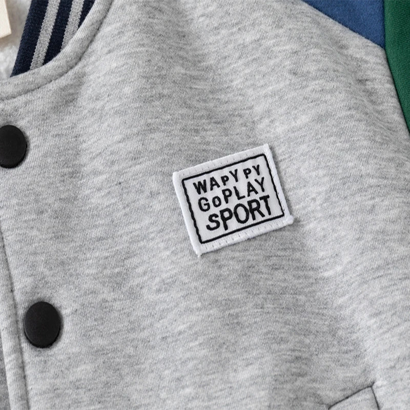 Children Letter Baseball Coat 2025 Autumn Winter Boys Button Thickened Sweatshirt Baby V-neck Color-blocked Coat