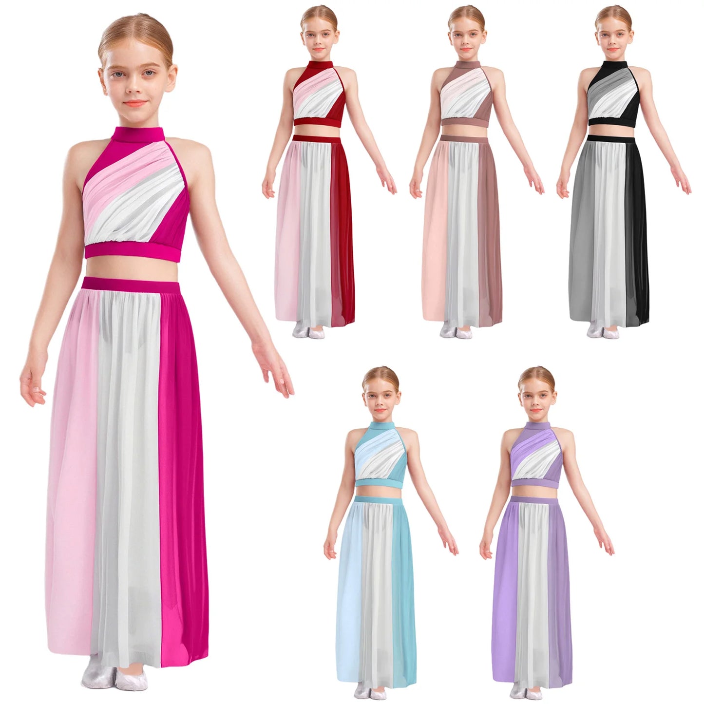 Kids Girls Ballet Dance Sets Lyrical Latin Jazz Dancewear Ruched Front Keyhole Back Crop Top with Split Flowy Chiffon Skirt Suit