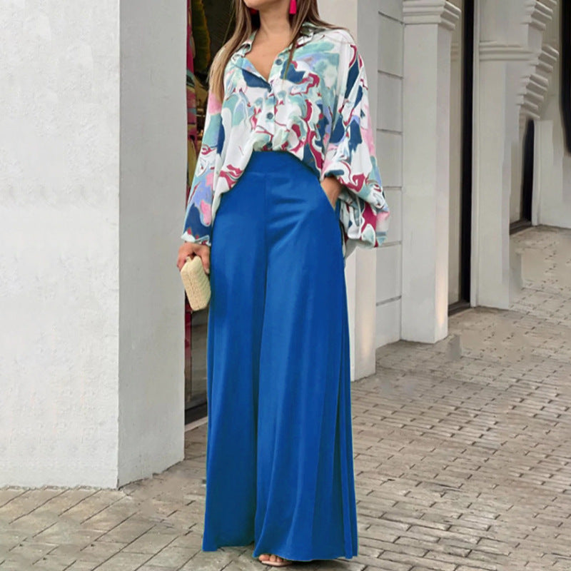 Women's Printed Shirt Wide Leg Pants Fashion Casual Set